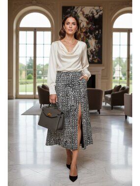 Michael Michael Kors Black White Maxi Skirt Side Slit Elastic Waist Size M NEW